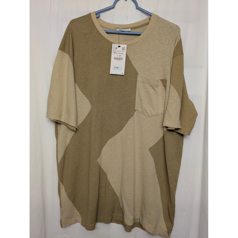 Zara Mens XL Colorblock Geometric Pocket T-Shirt Tan Beige Cotton Linen 0722/469